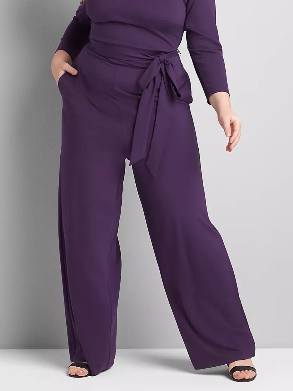 Lane Bryant Purple Wide-Leg Jumpsuit Pants with Self-Tie Waist 14/16